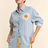 Plus - Striped Peace Maker Daisy Applique Button-Down Shirt