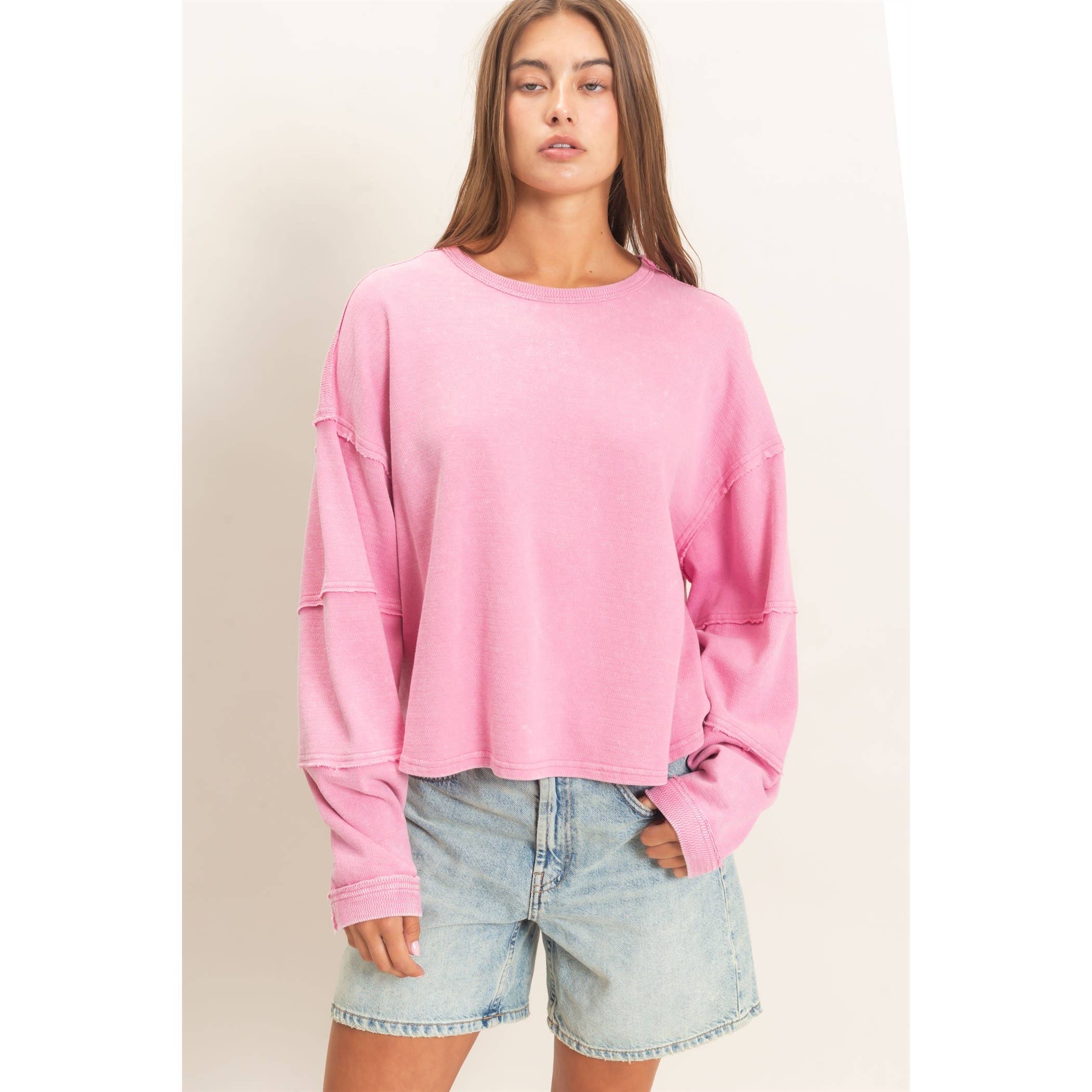 Mineral Wash Overzised Raw Edge Crew Neck Top