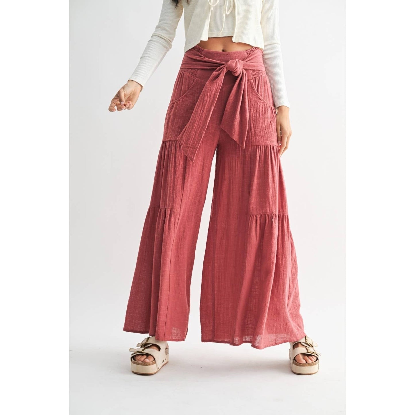 English Red Tiered Wide Leg Pants