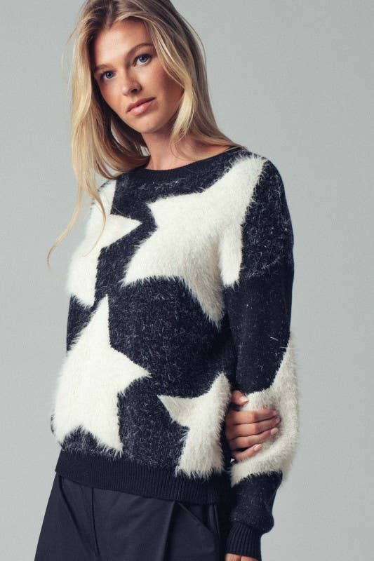 Fuzzy Knit Star Pattern Sweater Top