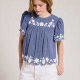 Embroidered Blouse With White Denim Shorts.