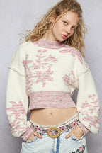 Mock Neck Lime & Cream Cropped Sweater