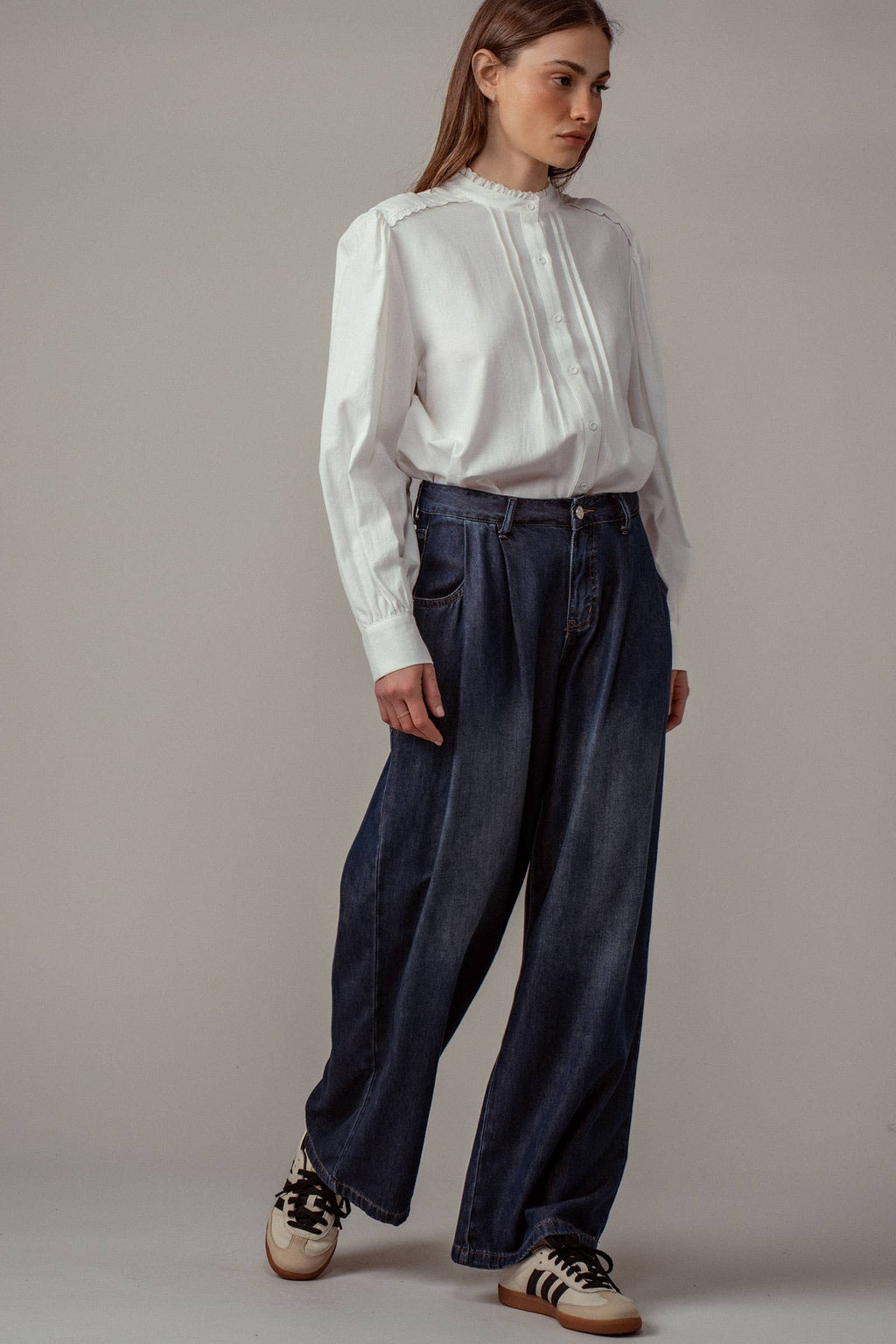 Pleated Wide-Leg Denim Pants