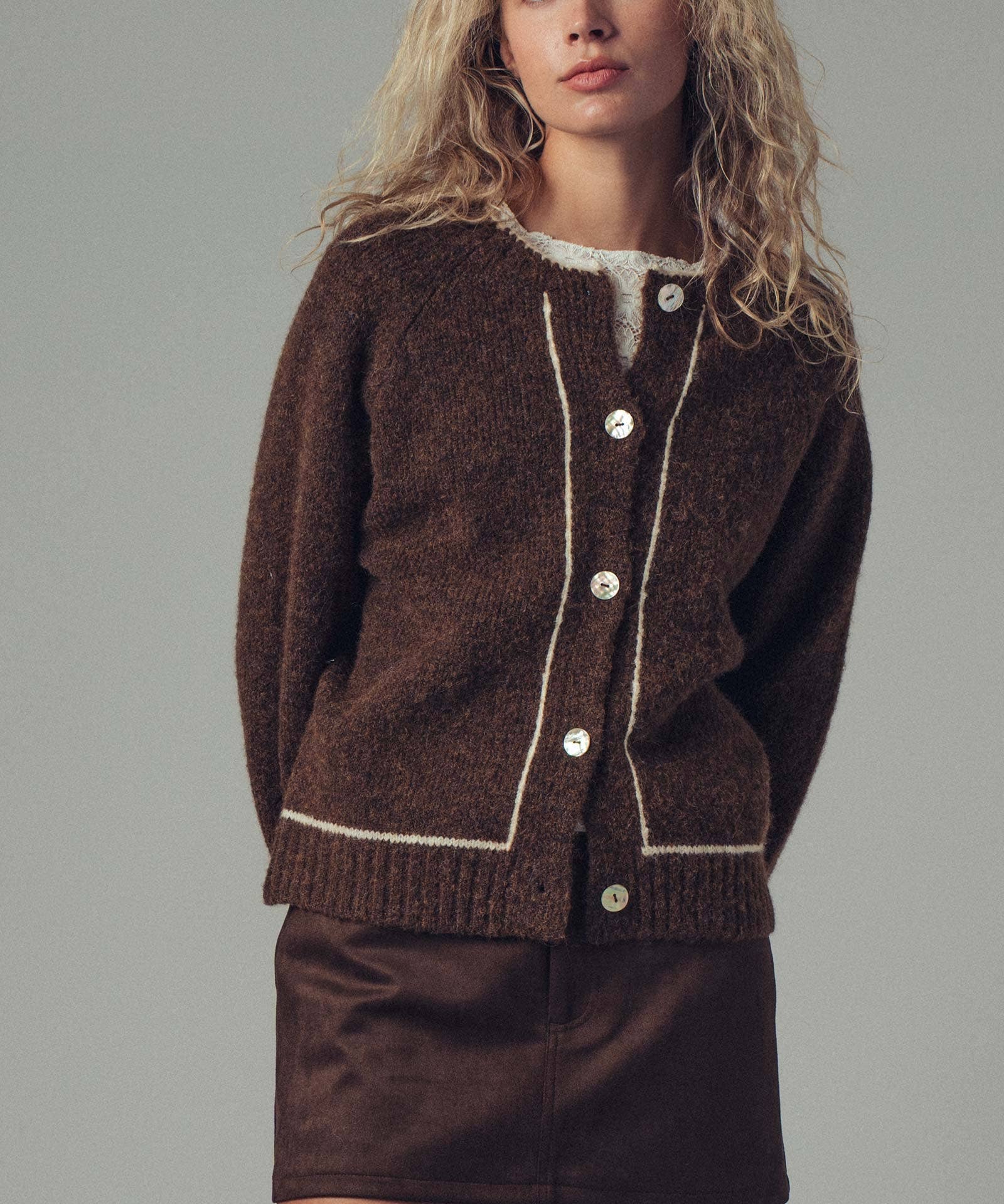 Contrast Trim Boho Knit Button Cardigan