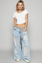 Vintage Washed Crochet Star Patch Jeans