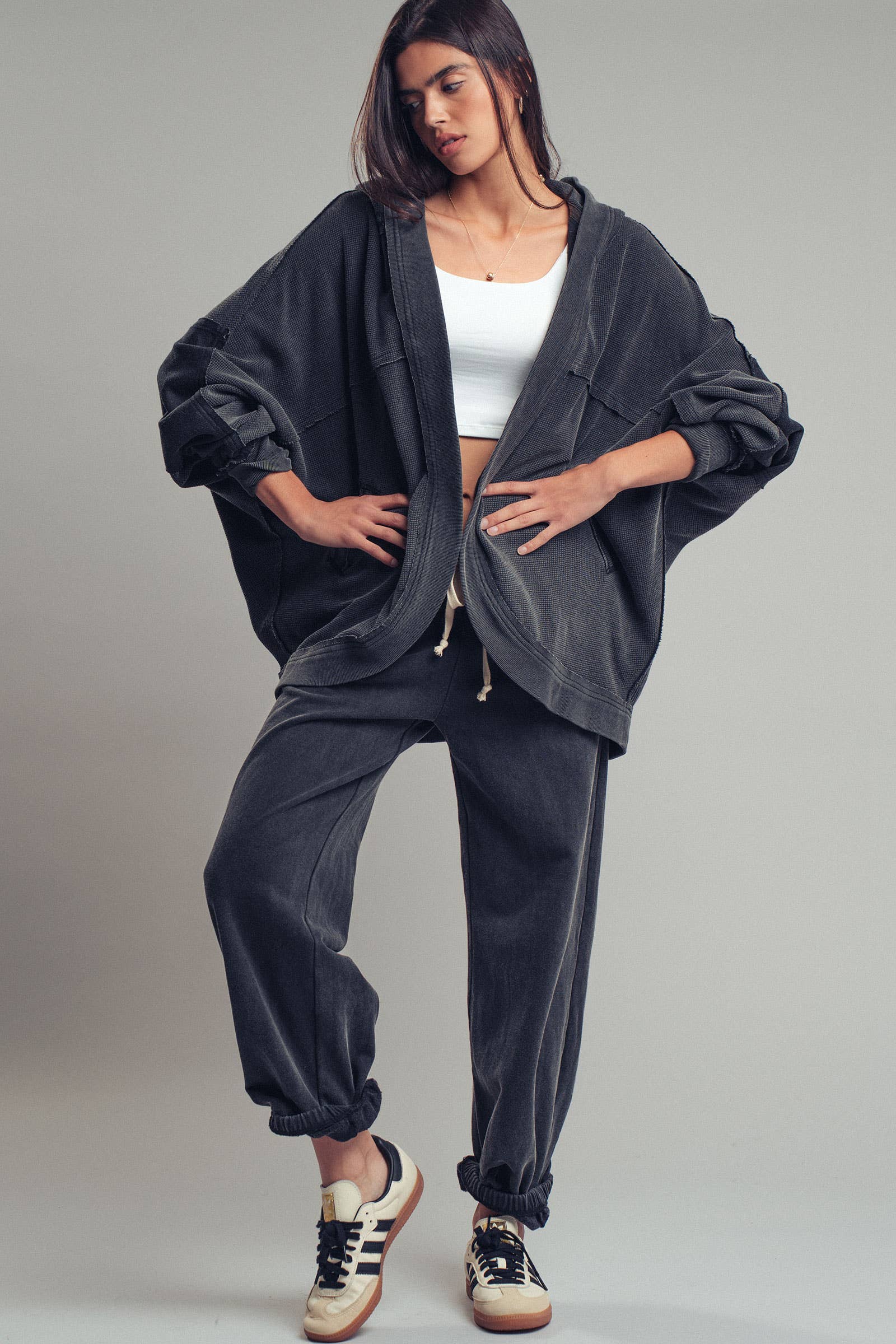 Washed Waffle Knit Hooded Cardigan