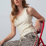 Frayed Trim Textured Knit Sleeveless Top