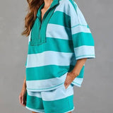 Colorblock Striped Half Zipper Top Shorts Athleisure Set