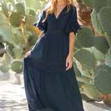 V-Neck Lace Trim Maxi Dress