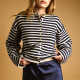J7562   STRIPED BUTTON FRONT SWEATER CARDIGAN