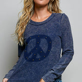 Vintage Washing Solid Peace Stud Outseam Thermal Knit Top