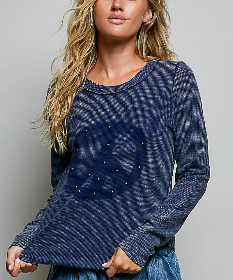 Vintage Washing Solid Peace Stud Outseam Thermal Knit Top