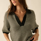 Striped Rib-Knit Collared Split-Neck Top
