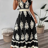 Western Boho Ethnic V-Neck Ruffle Hem Dress