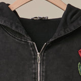 Floral Embroidered Zip-Up Hoodie