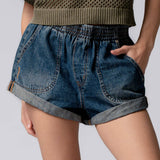 Spring Elastic Waist Cuffed Print Shorts