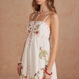 Embroidered Palm & Floral Scalloped Babydoll Mini Dress