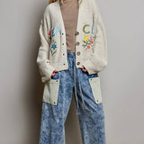 Multicolor Floral Embroidery PEACE Letter Knit Cardigan