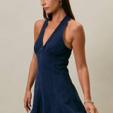 HALTER NECK SEAM DETAIL DENIM MINI DRESS