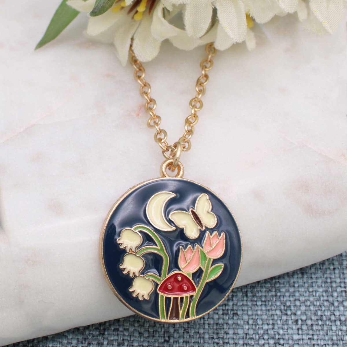 Evening Garden Round Enamel Gold Necklace