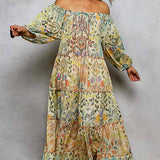 Long Sleeve Shirred Neckline Maxi Length Woven Printed Dress