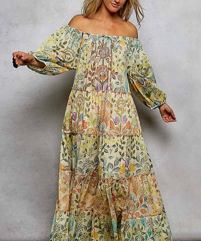 Long Sleeve Shirred Neckline Maxi Length Woven Printed Dress