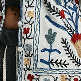Embroidered Band Collar Knotted Button Woven Jacket