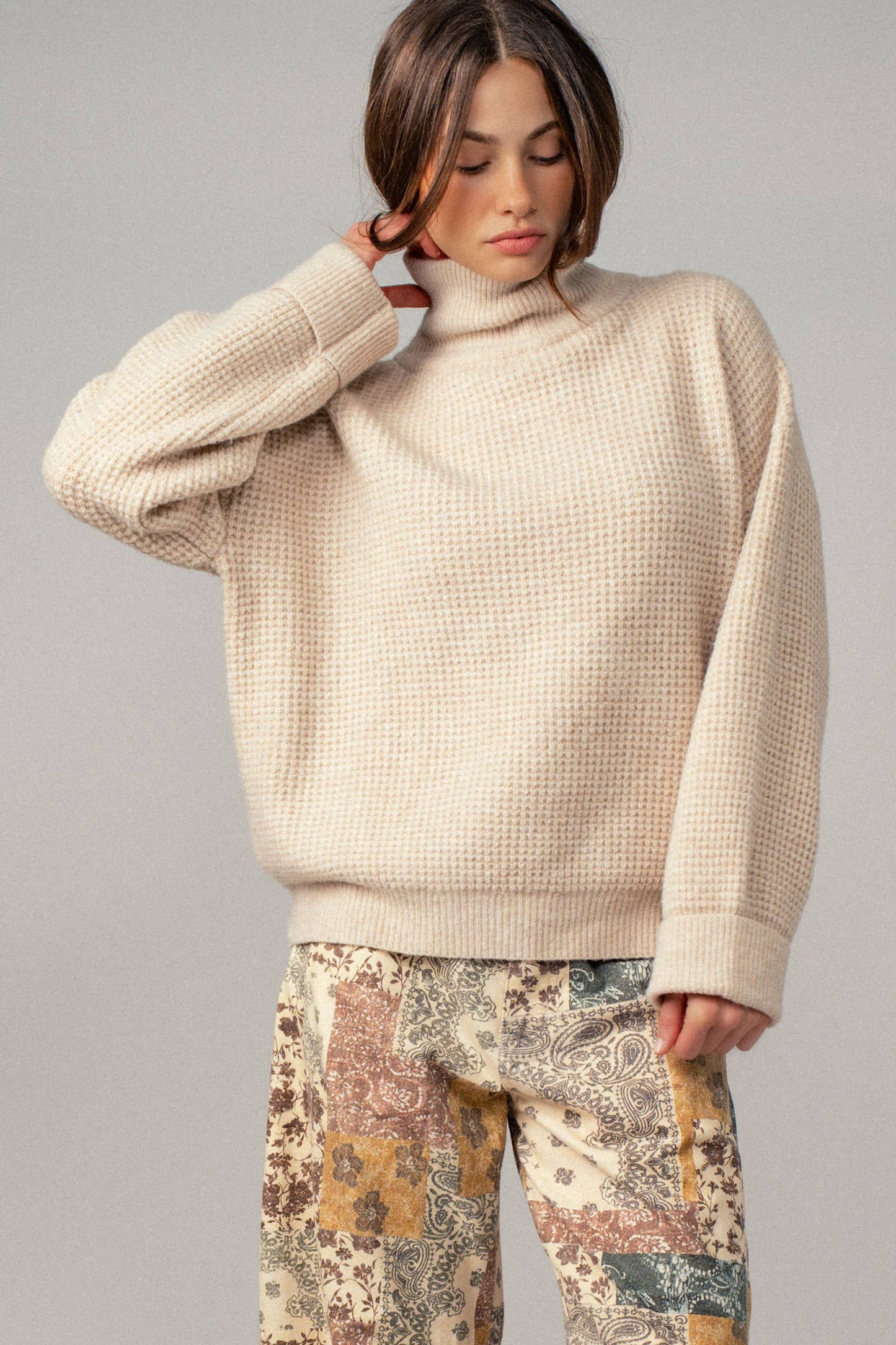 Relaxed Waffle Knit High Neck Sweater