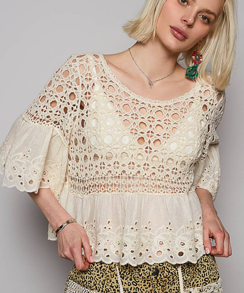 Floral Eyelet Cropped Blouse
