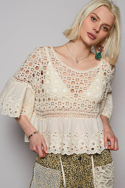 Floral Eyelet Cropped Blouse