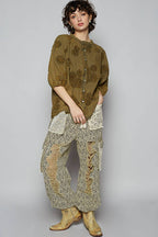 Floral Embroidered Short Sleeve Button Down Top