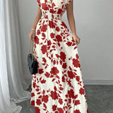 Smocked Waist Cap Sleeve Floral Print Maxi Dress