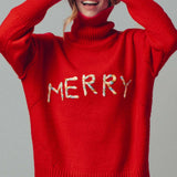 Textured "Merry" Graphic Boxy Turtleneck