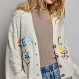 Multicolor Floral Embroidery PEACE Letter Knit Cardigan