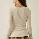 Solid Ribbed Knit Long-Sleeve Lace-Cuff Fitted Top