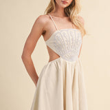 ID10176 SCALLOP APLIQUE CRISS CROSS BACK FLARE MINI DRESS