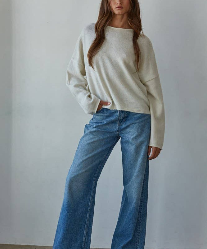 W2114 | Knit Sweater Rolled Round Neck Pullover Top