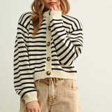 J6774   STRIPED PATTERN BUTTON FRONT KNITTED CARDIGAN