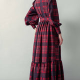 Plaid Belted Layered Button Down Balloon Sleeve Maxi Dress
