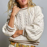 Cable Knit Crewneck Contrast Trim Sweater Top