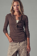 Ribbed Henley Long Sleeve Top