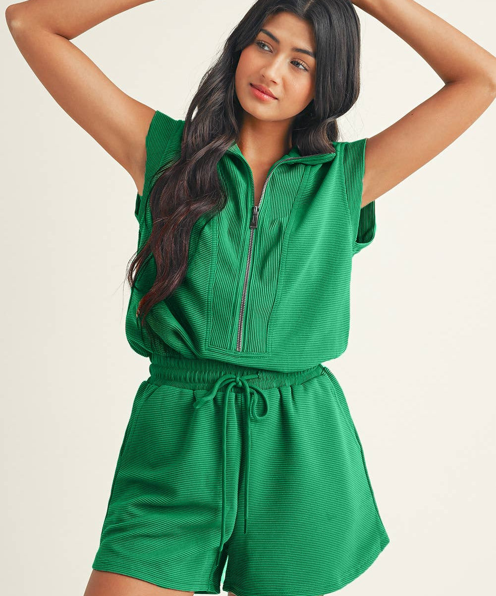 Half-Zip Drawstring Waist Romper