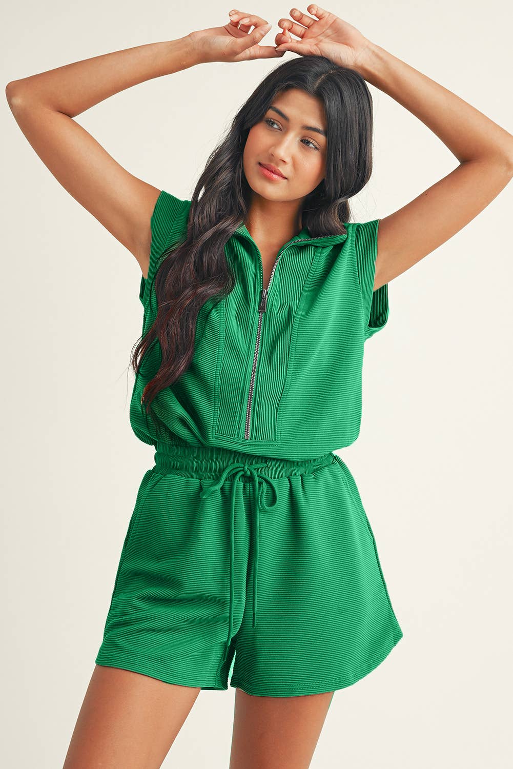 Half-Zip Drawstring Waist Romper