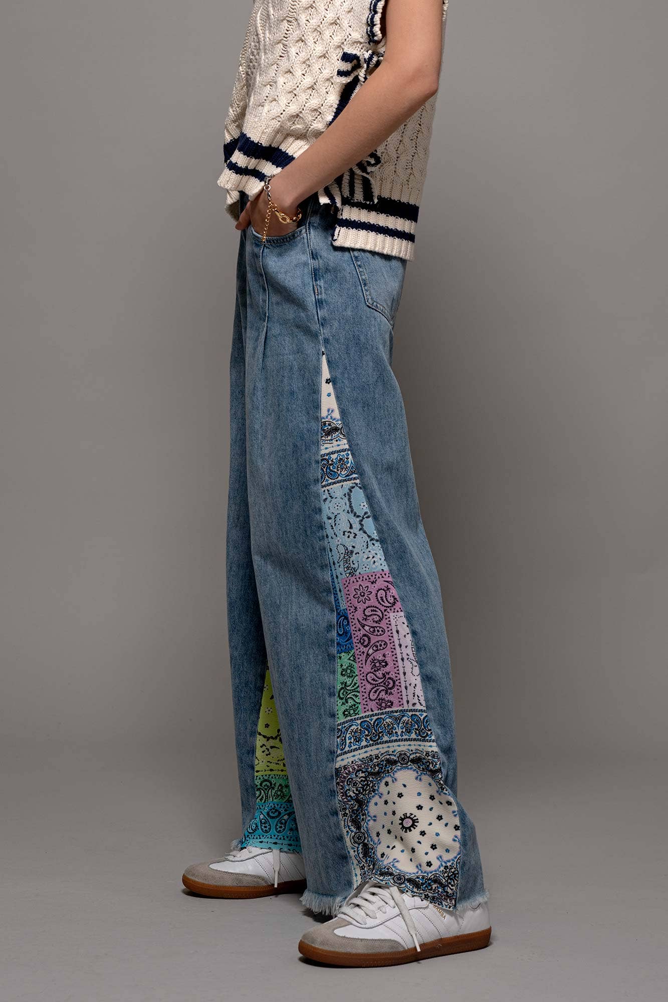 Paisley Bandana Print Wide-Leg Denim Jeans