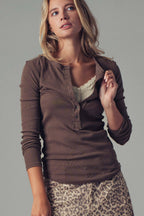 Ribbed Henley Long Sleeve Top