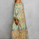 Long Sleeve Shirred Neckline Maxi Length Woven Printed Dress
