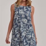 SLEEVELESS DENIM MINI DRESS WITH SCALLOPED EMBROIDERY DETAIL