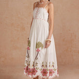 Embroidered Palm & Floral Scalloped Midi Dress