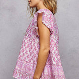 V-Neck Floral Pattern Ruffle Sleeve Top