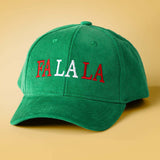 Multicolor Embroidered "Fa La La" Corduroy Hat